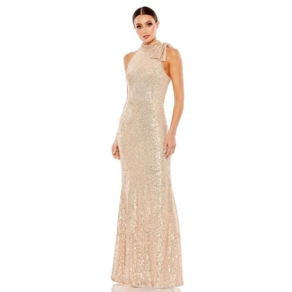 Mac Duggal Ieena Gown Dress 6 Gold Sequin High Bow Neck 11280 Formal Prom NEW - Picture 1 of 11